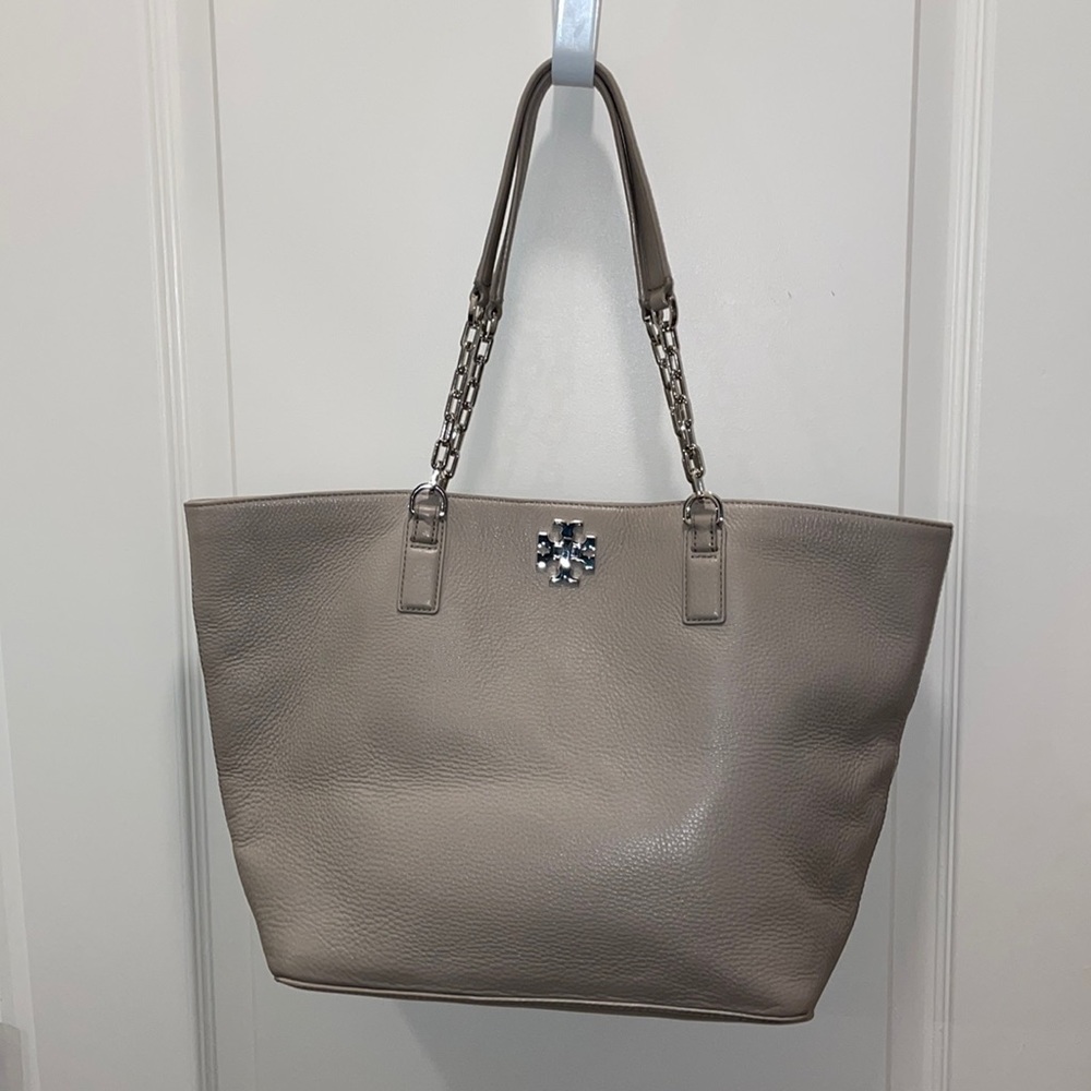 Tory Burch Pebbled Gray Soft Leather Tote EuC